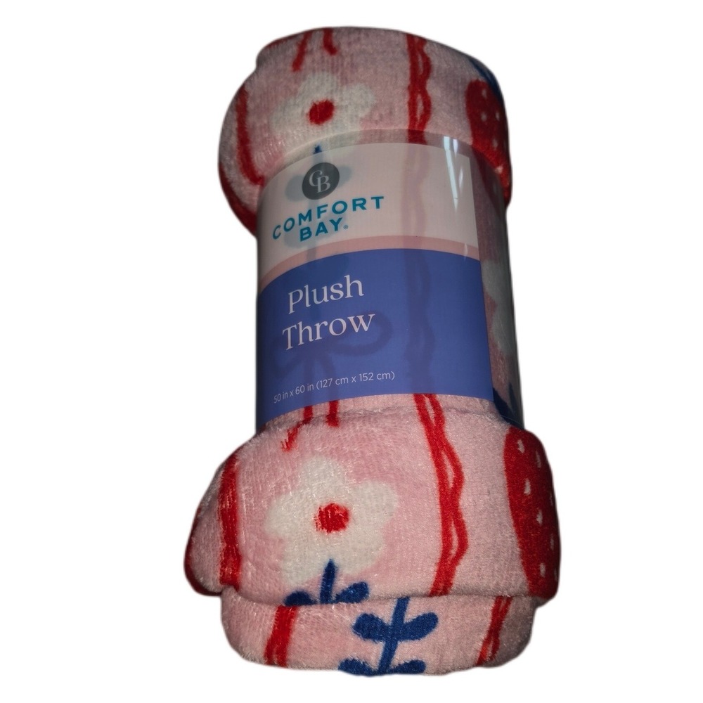 Comfort Bay Plush Throw Blanket Pink Floral Strawberry Fleece 50x60 New